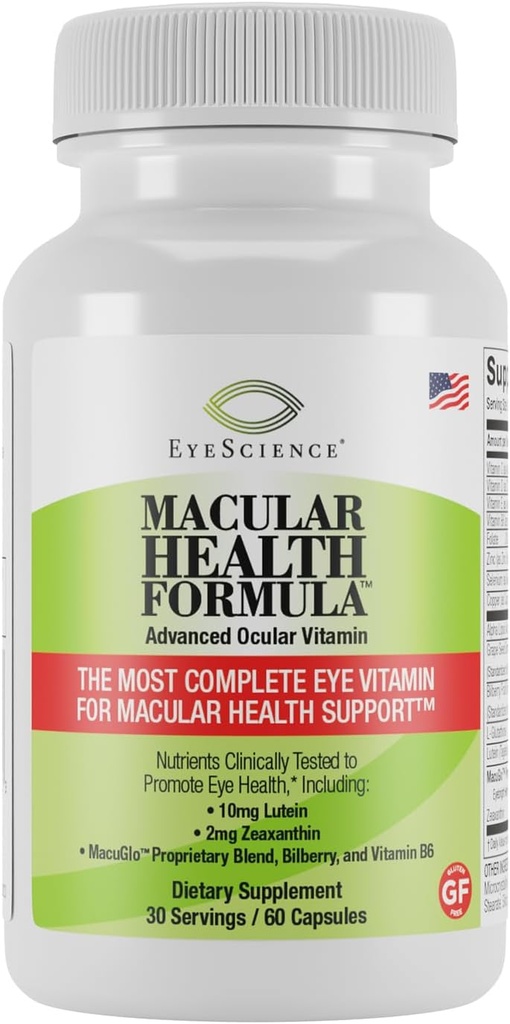 EyeScience Macular Health Formula Advanced Ocular Vitamin - Containing Lutein, Zeaxanthin, Billberry, & Vitamins C, D, E, & B6 (30 Day Supply)
