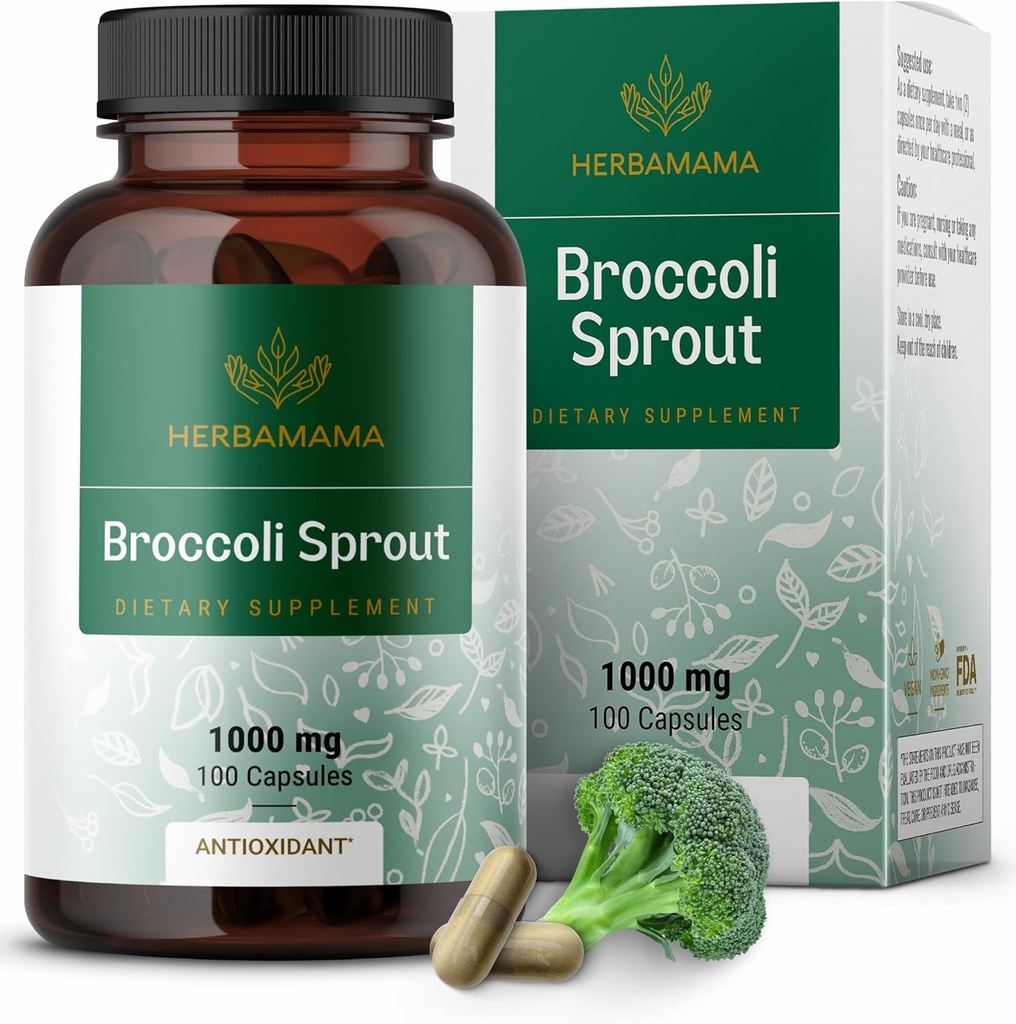 HERBAMAMA Broccoli Sprouts Capsules - 1000mg Broccoli Sprout Extract for Antioxidant &amp; Immune Support - Vegan, Non-GMO Sulforaphane Supplements, 100 Caps