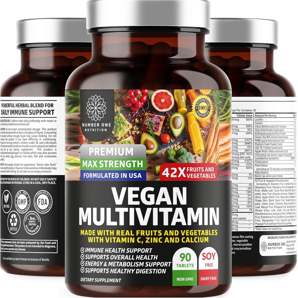 N1N Premium Plant Based Multivitamin [42 Ingredientes potentes] Hombres Mujer Multivitaminas diarias con verduras crudas y frutas, Probióticos, Alfalfa, Echinacea, Spirulina y Enzimas digestivas, 90 Tabletas