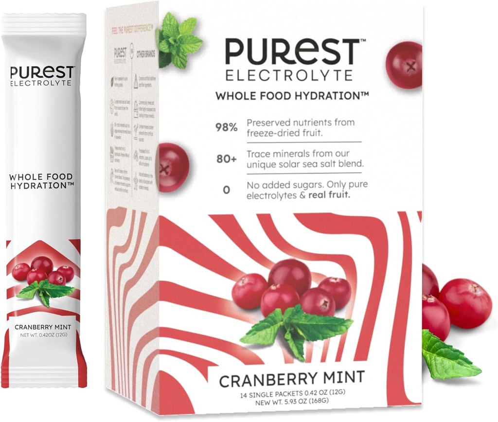 ¡Conoce a Brainer New! Purest Electrolyte Cranberry Mint Powder Packets – Whole Food Hydration - Organic Freeze-Dried Fruits and Solar Sea Salts for Ultimate Electrolyte Balance