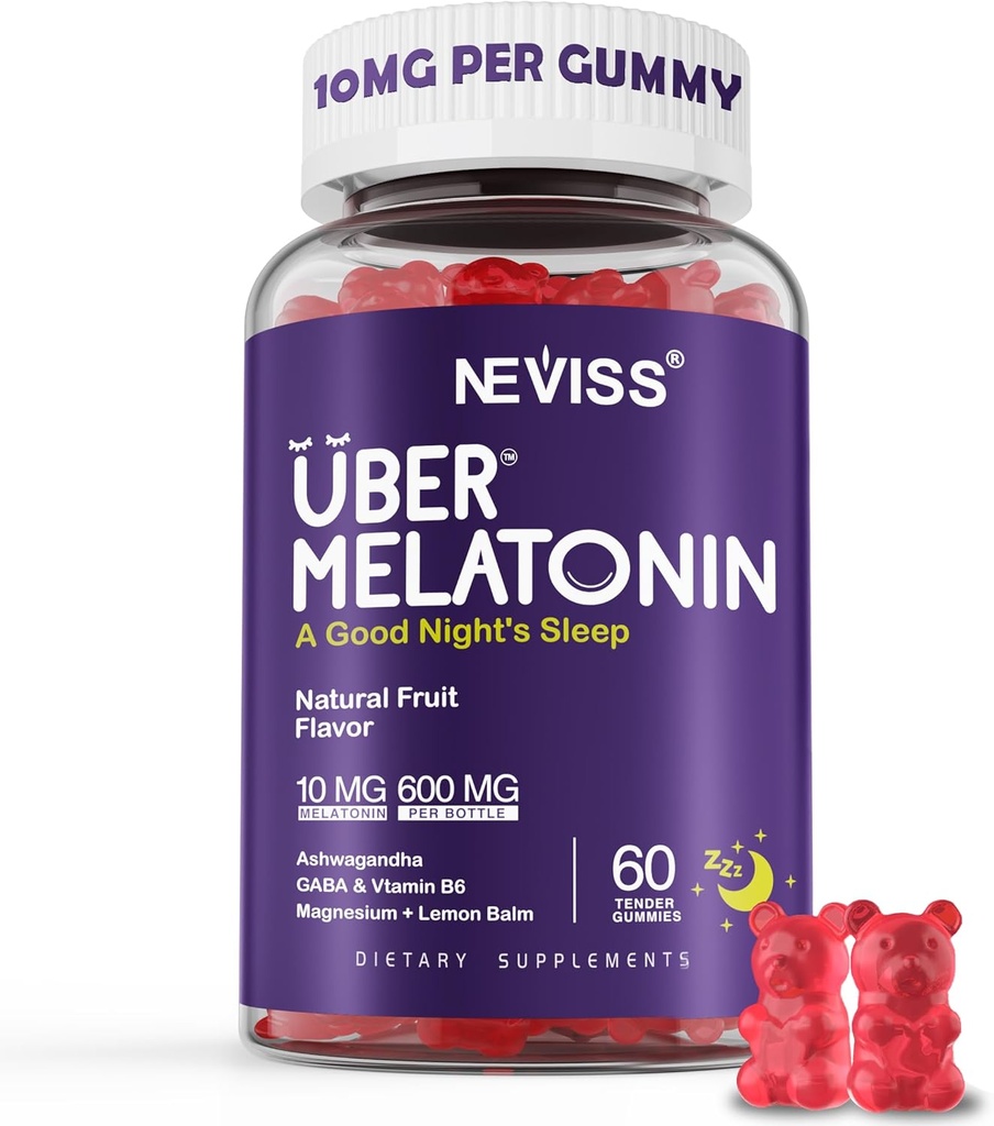 Melatonin Gummies 10mg 20mg para adultos, Melatonina 10 mg por Gummy con Ashwagandha, Magnesium Glycinate, GABA, L-theanine, Valerian Root y Lemon Balm, Apoyo al Descanso Suplemento, Grape Flavor, 60 Cts