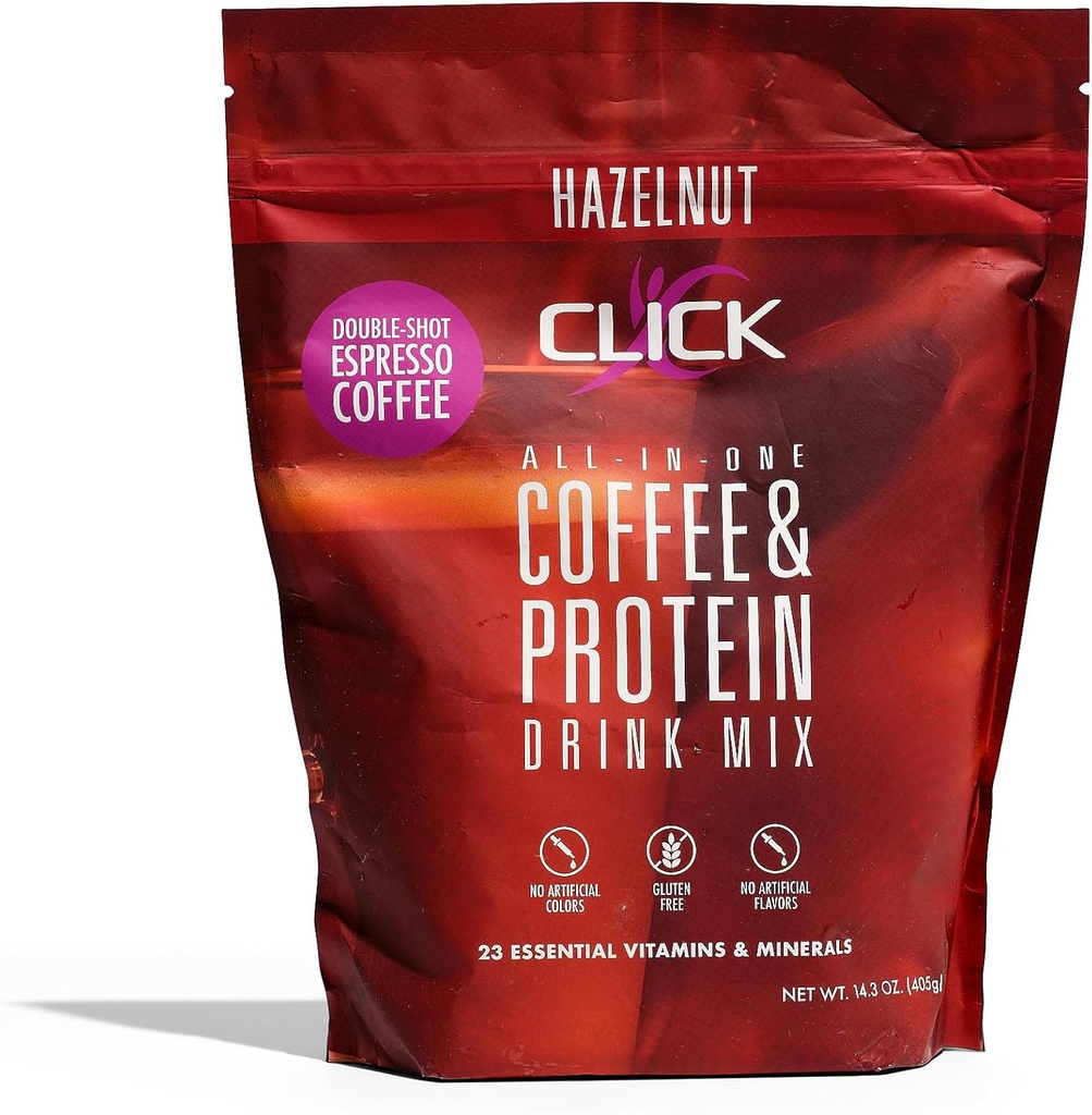 Click Coffee Protein Powder ← Doble Shot Espresso Silencio 16g Protein  23 Vitaminas Esenciales ← Baja Calorie Meal Reemplazo ANTE 150mg Caffeine TEN Gluten Free TEN No Artificial Flavors or Colors TEN Hazelnut