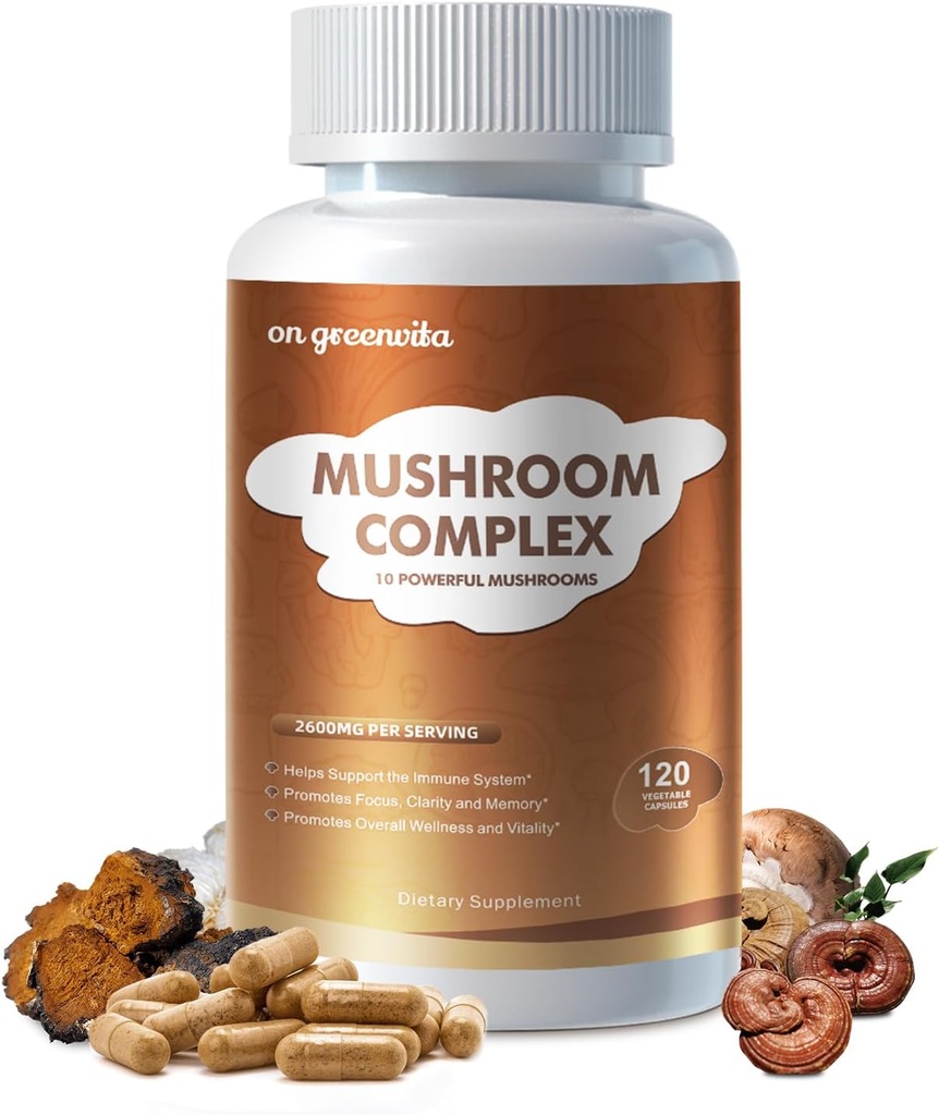 Mushroom Complex Supplement 2600mg, 120 Capsules - 10 Mushrooms Blend - Reishi, Lions Mane, Cordyceps, Chaga, Turquía Tail, Maitake, Shiitake, Oyster Nootropic Complex - Brain, Energy, Focus Pills