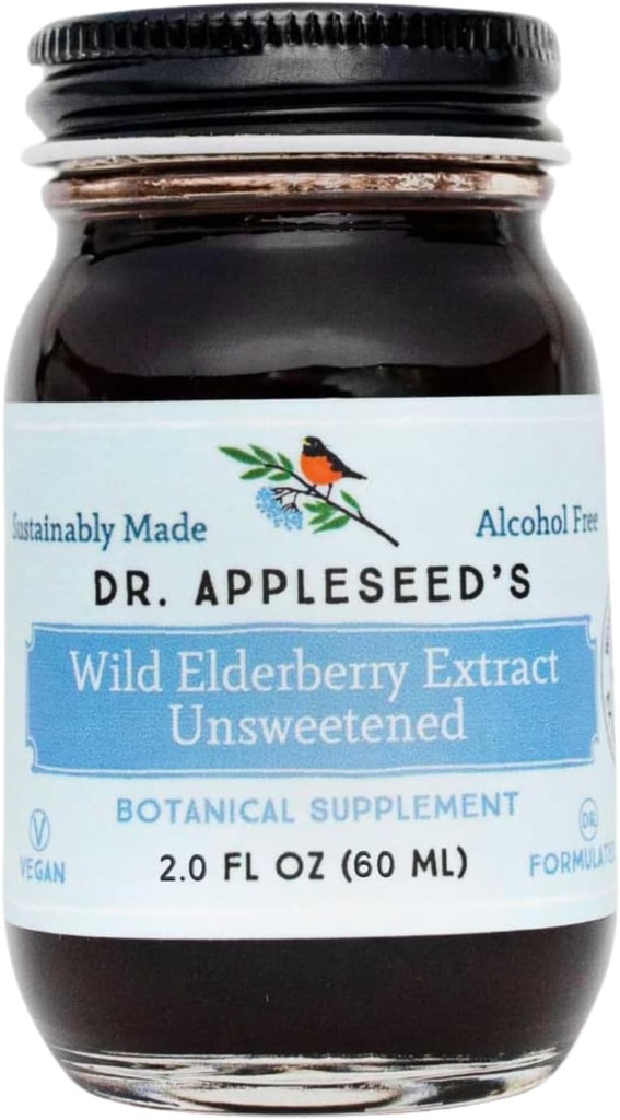 Dr. Appleseed's Wild Elderberry Extract Unsweetened Max Strength 720mg Kids + Adultos Daily Immune Supplement Doctor- Formulated Science-Backed Pure Vegan 25 Day Supply – 2 Fl Oz