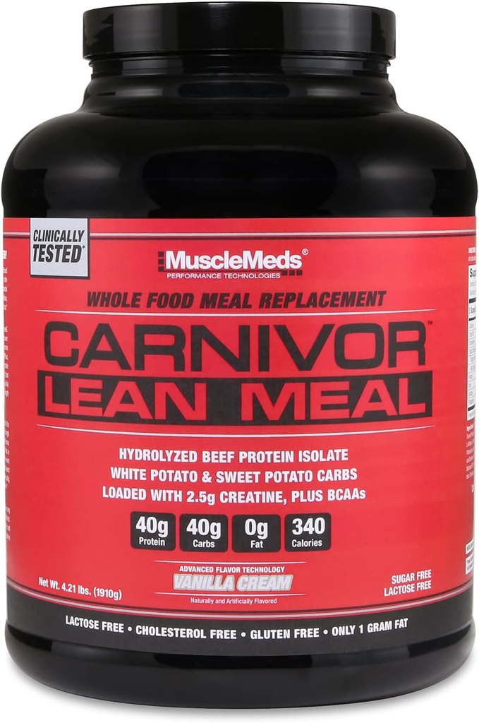 MuscleMeds CARNIVOR LEAN MEAL Sacudo de reemplazo de comida entera, MRE, aislato de proteína de carne, papa blanca, batata, proteína 40g, 40 g de carbohidratos, libre de lactosa, sin azúcar, Vanilla Cream 20 porciones