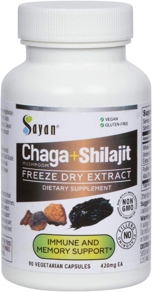 Sayan Siberian Chaga Mushroom Extracto con Shilajit 90 Capsules/420mg ea.– Apoyo al sistema de inmune y digestión – Suplemento de ácido fúlvico – Energía & Claridad – Exclusivo Blend – No Fillers