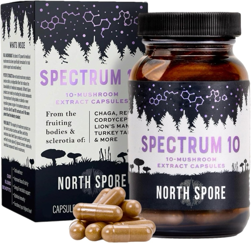 North Spore Organic 'Spectrum 10' Mushroom Extract Capsules ← Cognitive Supplement TEN Lion's Mane, Chaga, Cordyceps, Reishi, Turkey Tail ← 10 Medicinal Mushrooms TEN Energy, Focus, Clarity - 120 cts