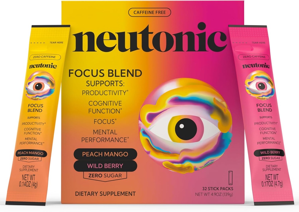Neutonic Nootropic Focus Blend Powder ← Peach Mango & Wild Berry 32 Sticks ← Caffeine Free, Zero Sugar ← Soporte Memoria, Claridad Mental, Función Cognitiva ¦ Boost Focus, Energía, Salud Cerebral