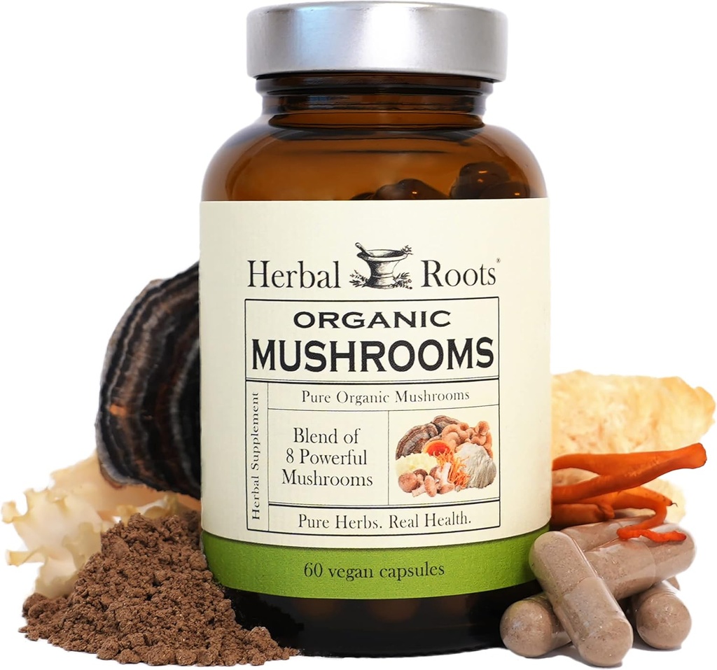 Herbal Roots Organic 8 Mushroom Blend Suplemento cápsulas - 100% Fruiting Body Extracts - Wellness and Immunity - 60 cápsulas Vegan