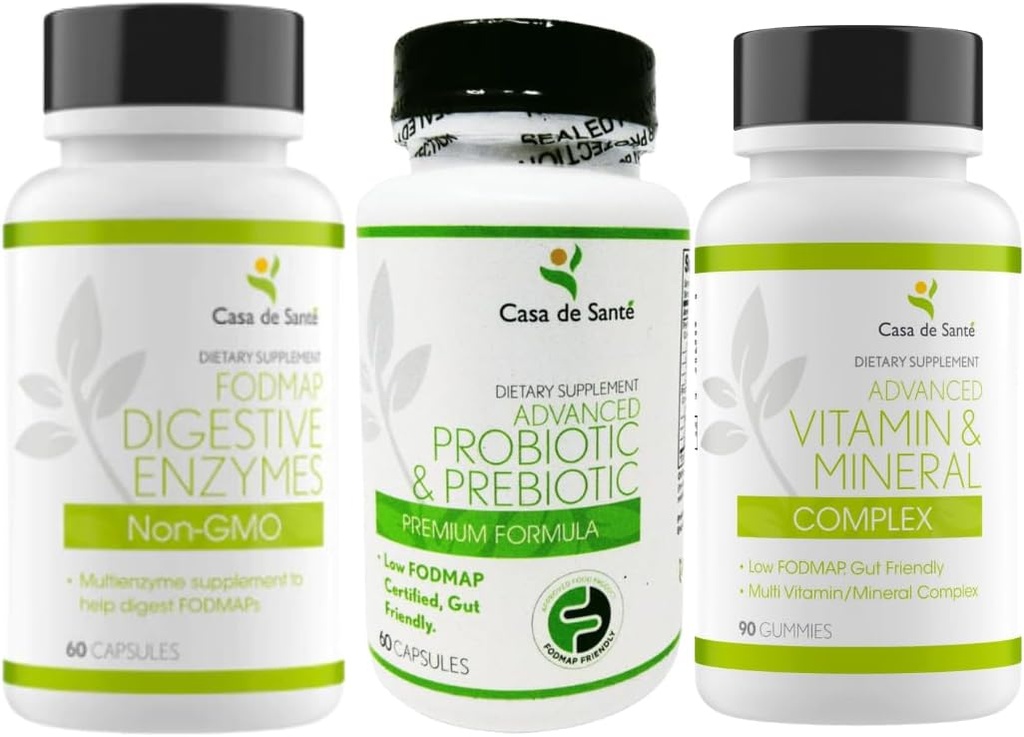 Casa de Sante Probiotic &amp; Prebiotic Synbiotic, Advanced Vitamin & Mineral Complex Gummies and FODMAP Digestive Enzymes, Non GMO Low FODMAP Certified Bundle