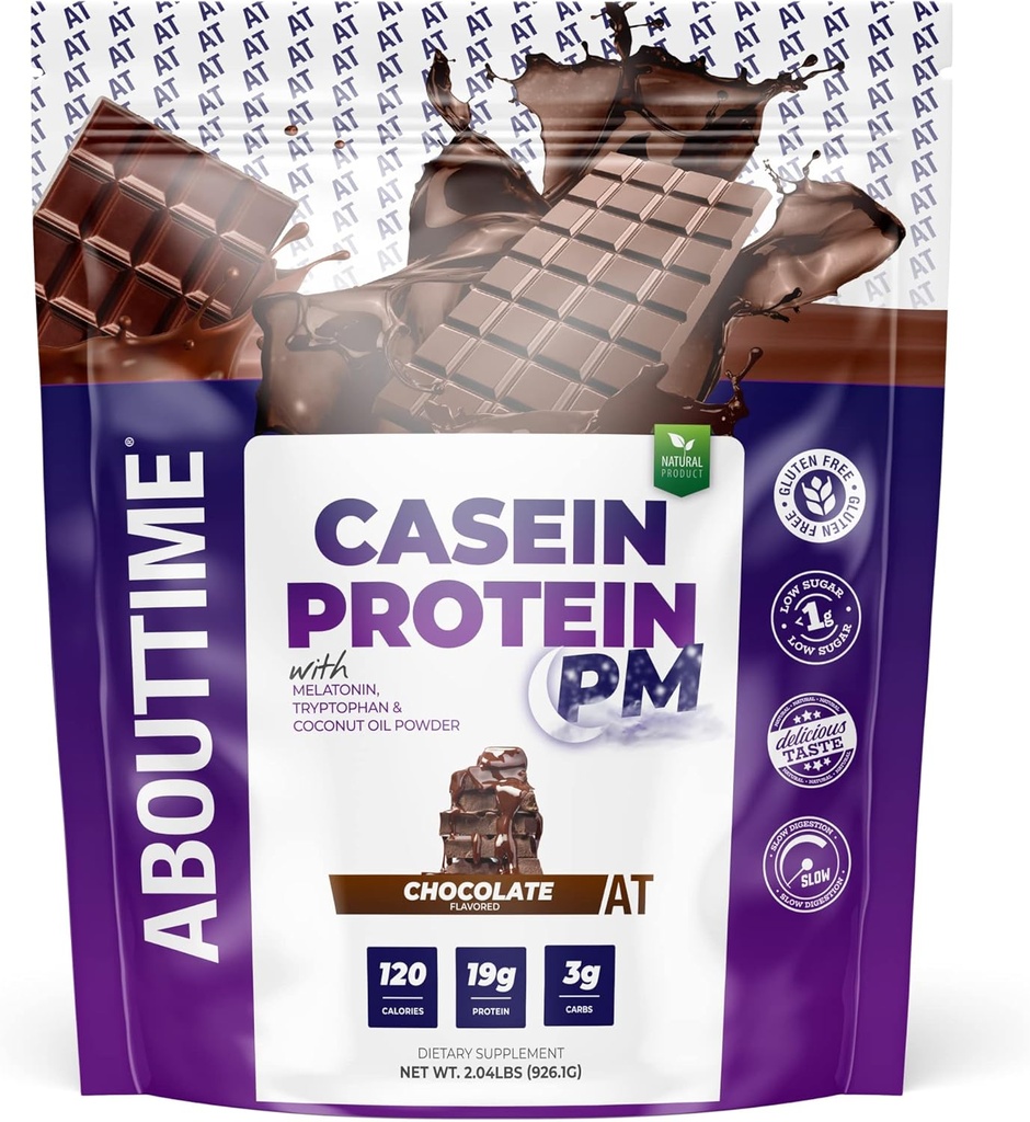 Acerca del tiempo Casein Protein Chocolate, 19g Protein, Nighttime Recovery Fórmula, No Artificial Sweeteners, No Growth Hormones