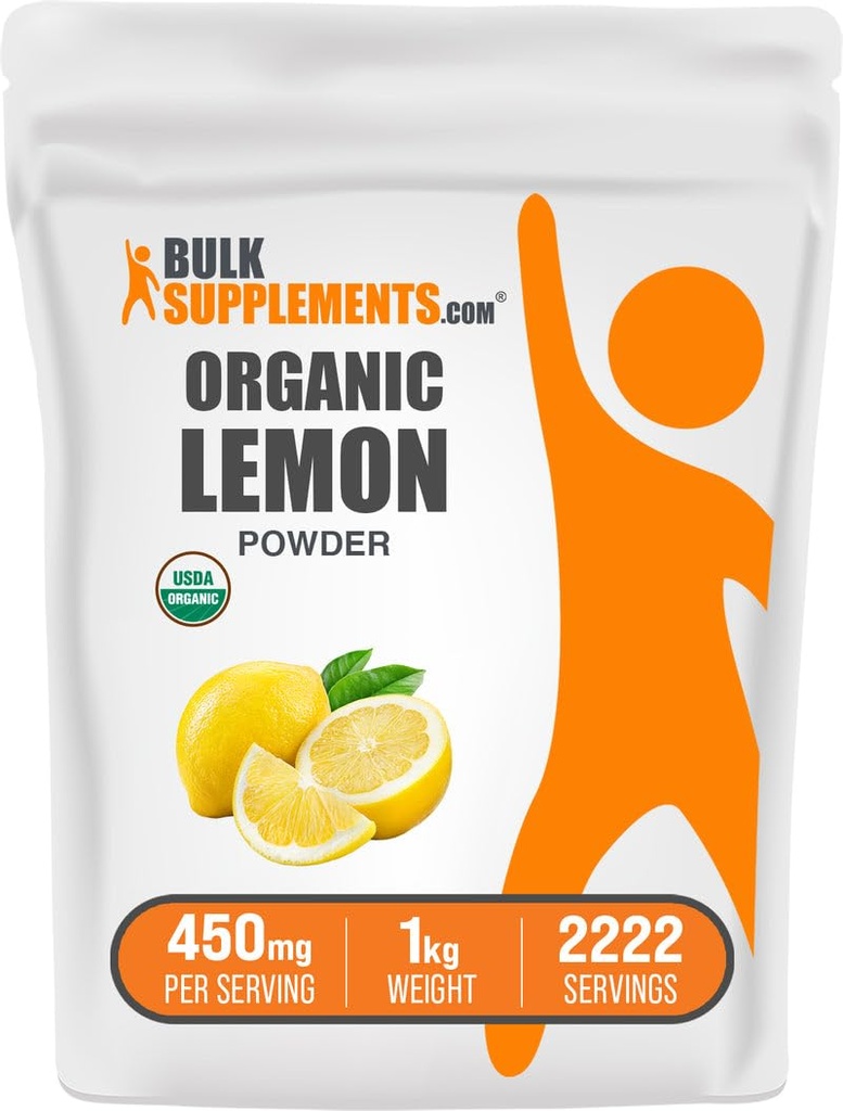 BulkSupplements.com Polvo de limón orgánico - Fuente de vitamina C natural, Polvo de frutas, Sabor de limón - Gratuito de gluten, 450 mg por ser, 1kg (2,2 libras) (Pack de 1)