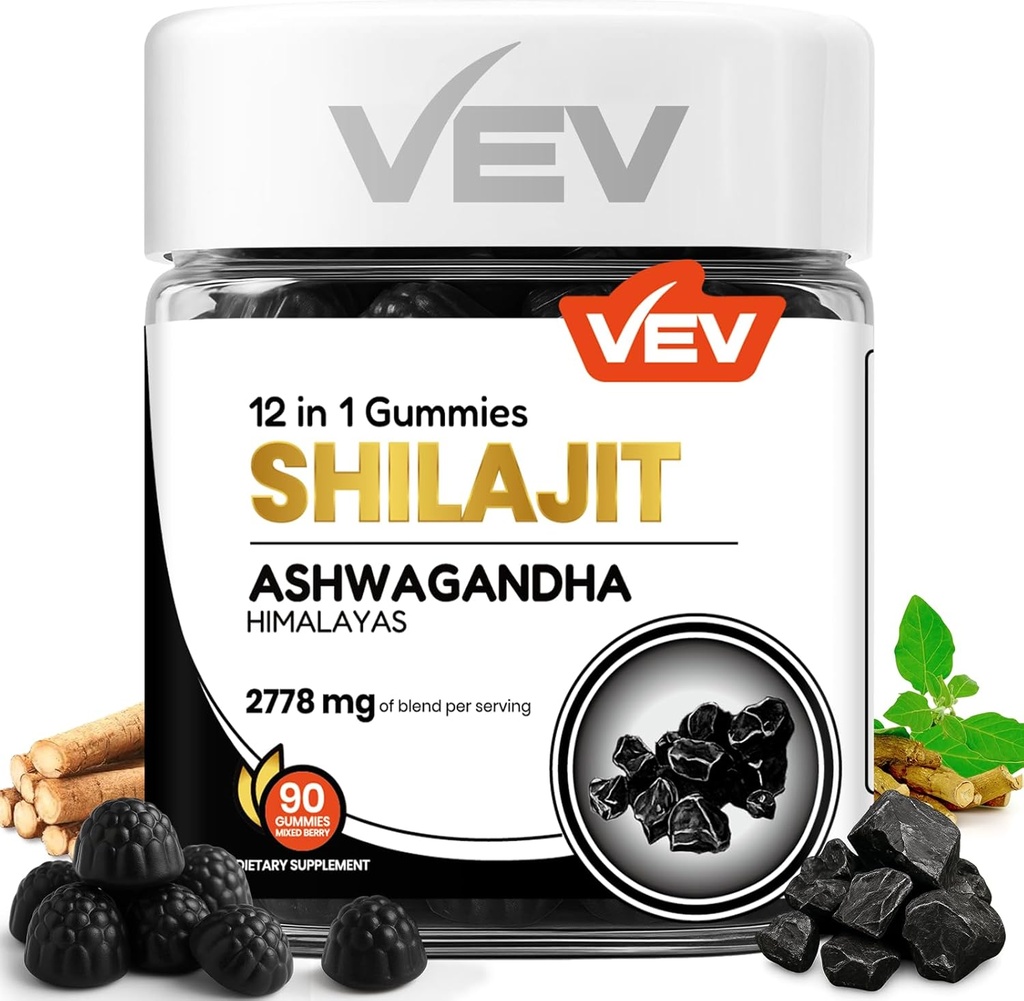 VEV Shilajit Gummies for Hombres " Mujeres que viven 1000mg Shilajit " Ashwagandha Gummies with Sea Moss " L-Theanine for Energy, Vitality " Stress Balance TEN Vegan, No Añadido Sugar tención 90 Conde for Daily Wellness