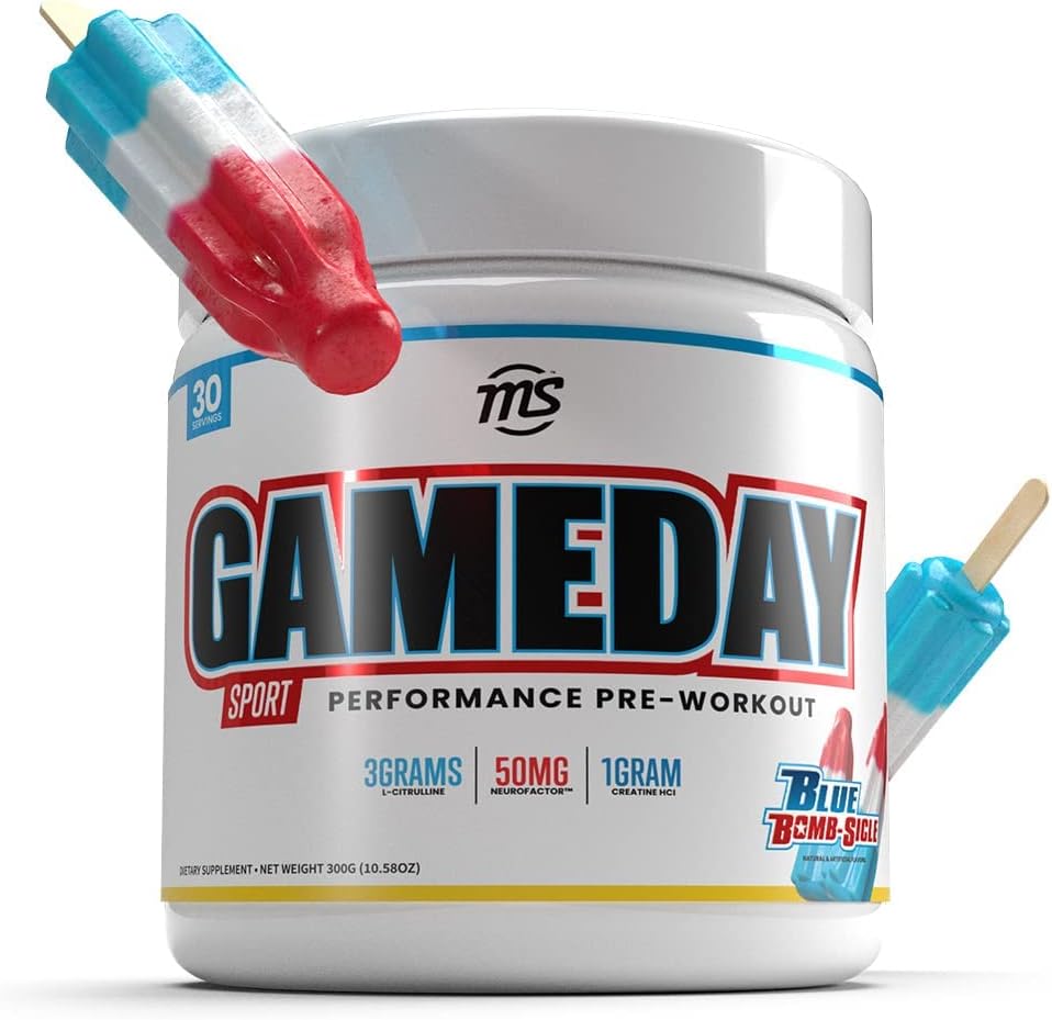 Man Sports Game Day - Pre-Workout deportivo, Blue Bombsicle Flavored Energy Drink Mix with Natural Caffeine, 300g, 30 Days Supply