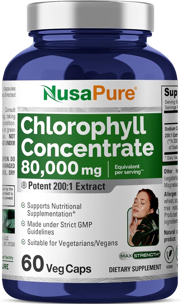 NusaPure Chlorophyll 200:1 Extracto, 400 mg Equivalente a 80.000mg 60 Veggie Caps (Equivalente 80000mg por Serving, Non-GMO, Vegan) Sodium Copper Chlorophyllin