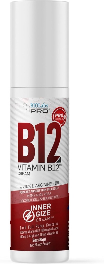 BIOLABS PRO INNERGIZE B12 Cream - All Natural Topical B12 w/B6 &amp; 10% L-Arginine - Advanced Neurological & PreWorkout Support - Professional Grade Methyl B12 - B6