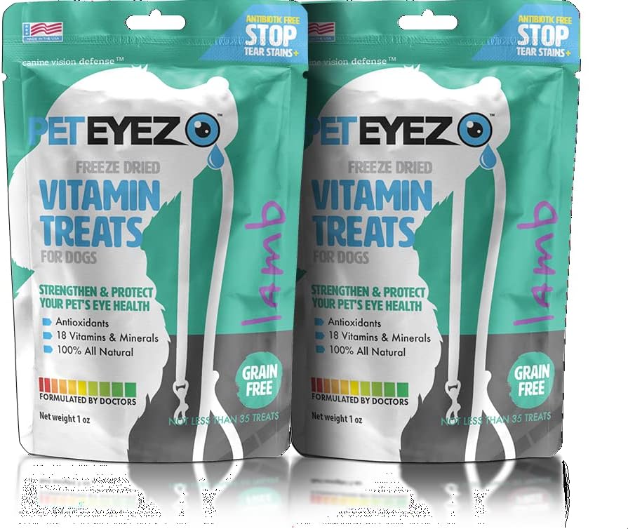 Pet Eyez-Dog Tear Stain Remover - Tear Stain Remover for Dogs - Cuidado de los ojos de perro -Dog Treats with Astaxanthin, Blueberry Fruit Powder, Lutein, Grain Free, All-Natural Protein (Lamb-2 Pack)