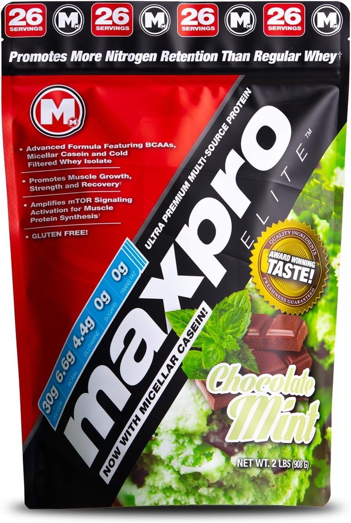 Max Muscle Maxpro Elite tención 30g Protein ← 6.6g BCAAs vulner Micellar Casein Cold Filtrado Whey Isolate Protein Concentrate ← promueve el crecimiento muscular, la fuerza y la recuperación (Chocolate Mint, 2lb)