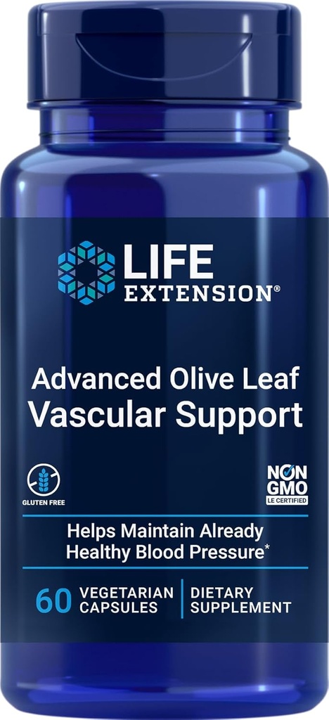 Life Extension Advanced Olive Leaf Vascular Support, Olive Extract, Celery Extract, oleuropein, Blood Pressure Health Support, Cardiovascular Health, Vegetarian, Gluten-Free, Non-GMO, 60 cápsulas