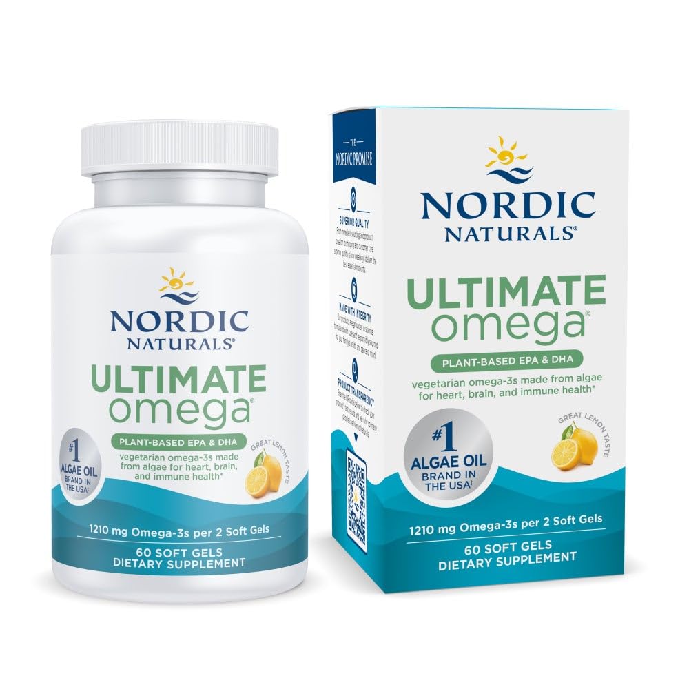 Nordic Naturals Plant Based Ultimate Omega, Lemon Flavor - 60 Vegetarian Soft Gels - 1210 mg Omega-3 - Vegan EPA y DHA - Suplemento Hecho de Algae - Brain & Heart Support - Non-GMO - 30 Servings