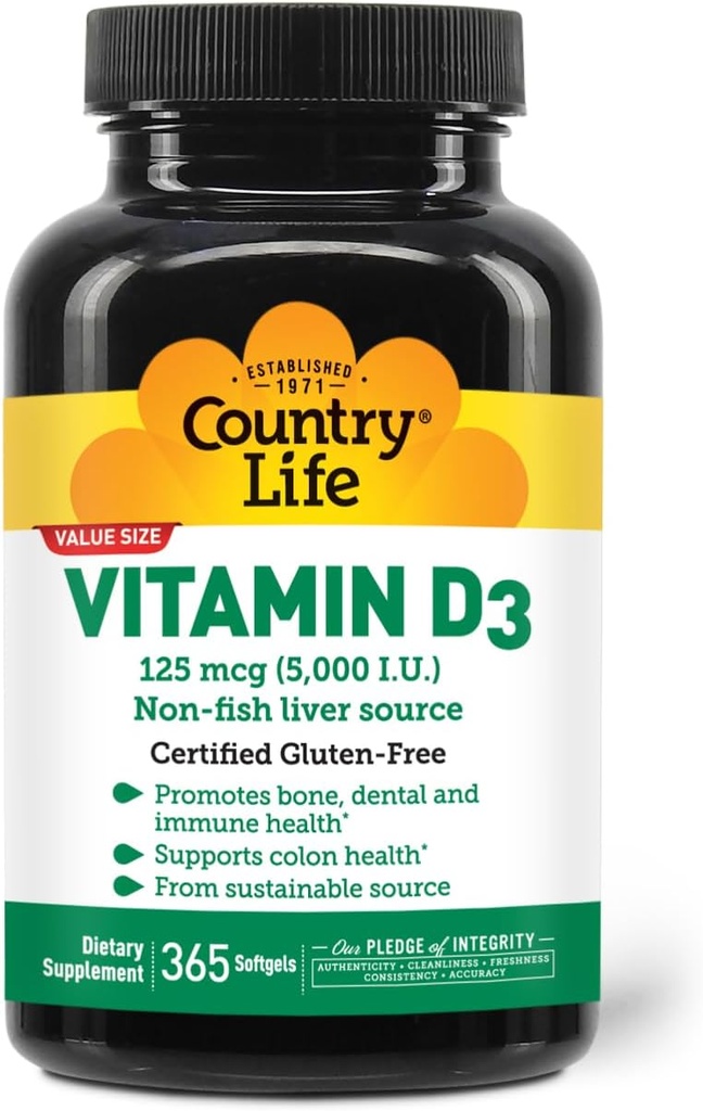 Country Life Vitamin D3 5000 IU – High Potency, Non-Fish Source, Supports Bone Health, Immune Function & Calcium Absorption – 365 Softgels, Certified Gluten-Free, Long-Term Supply
