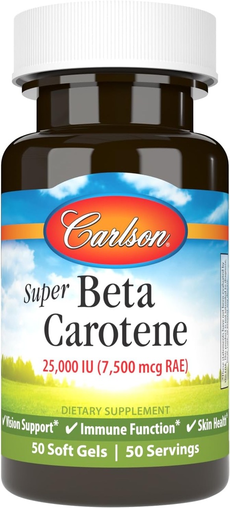 Carlson - Super Beta Caroteno, 25000 UI (15 mg), Vitamina A como Beta Caroteno, Forma Biodisponible y Bioactiva, Visión Salud, Esquí saludable, 50 Softgels