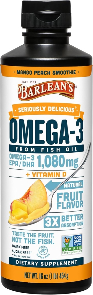 Suplemento líquido de aceite de pescado Omega 3 de Barlean con vitamina D para hombres y mujeres, Mango Peach, 1080 mg EPA y DHA Fatty Acid, 16 oz
