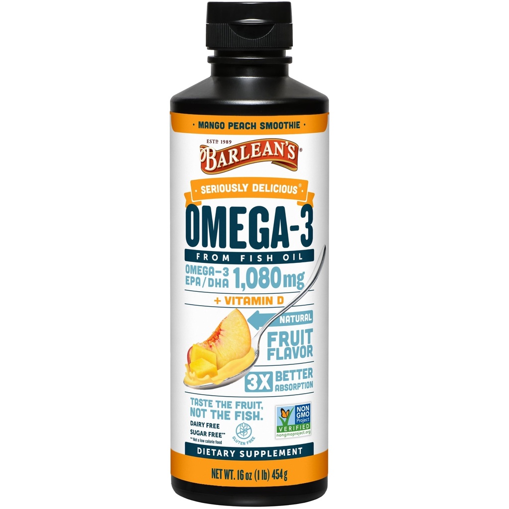 Suplemento líquido de aceite de pescado Omega 3 de Barlean con vitamina D para hombres y mujeres, Mango Peach, 1080 mg EPA y DHA Fatty Acid, 16 oz