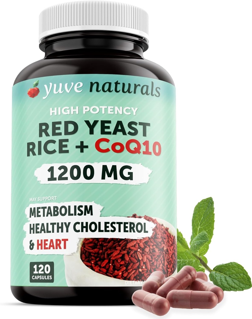 100% Natural de Levadura Roja 1200 mg con CoQ10 100 mg, 2 en 1, Mantener niveles saludables de colesterol - 120 cápsulas de verduras