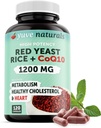 100% Natural de Levadura Roja 1200 mg con CoQ10 100 mg, 2 en 1, Mantener niveles saludables de colesterol - 120 cápsulas de verduras