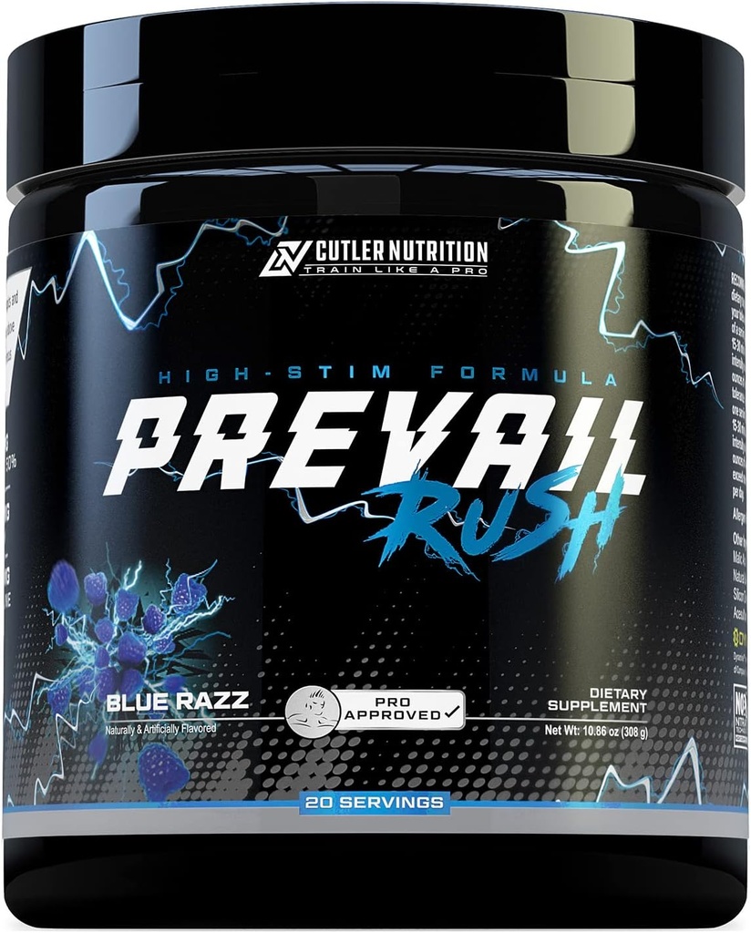 Cutler Nutrition High Stim Pre Workout Powder Prevail Rush Preworkout for Men &amp; Women for Intense Pumps Energy and Focus with Caffeine NO3T Betaine and Dynamine ← Sour Blue Razz (20 Servings)