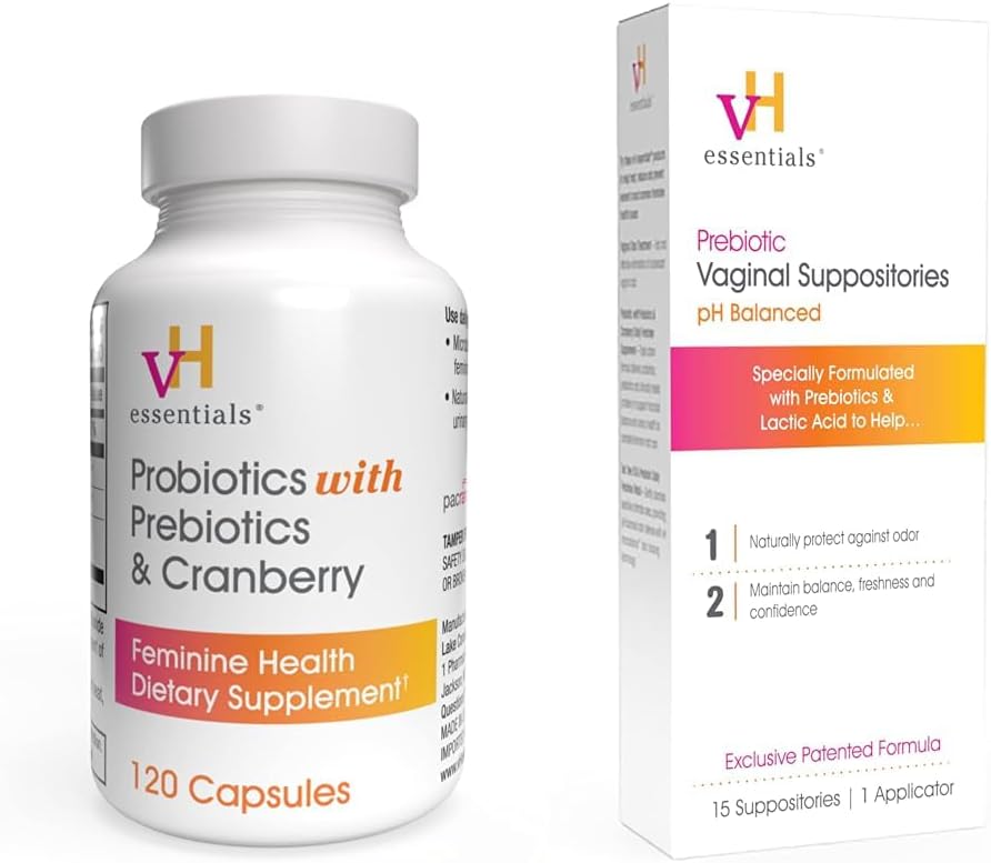 VH esencial Probióticos con Prebióticos y Suplemento de Salud Femenina de Arándano - 120 Capsules (544-36) & Prebiótico PH Resúmenes Vaginales EquilibradosBox, Versión Original, 15 Cuenta