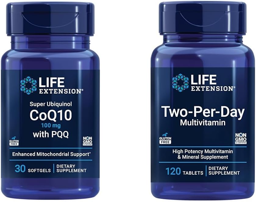 Super Ubiquinol CoQ10 100mg 30 Softgels Cellular Energy Support Bundle with Two-Per-Day High Potency 120 Tablet Multivitamin