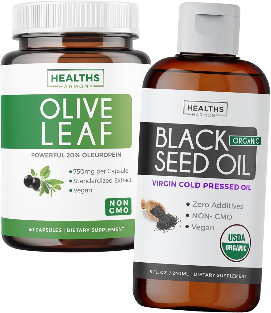 Bundle of Black Seed Oil Liquid & Olive Leaf Extract - Immune Support Synergy Bundle - Organic Black Seed Oil Liquid (8 fl oz) & Olive Leaf Extract with 20% Oleuropein Immune Supplement (60 Capsule)