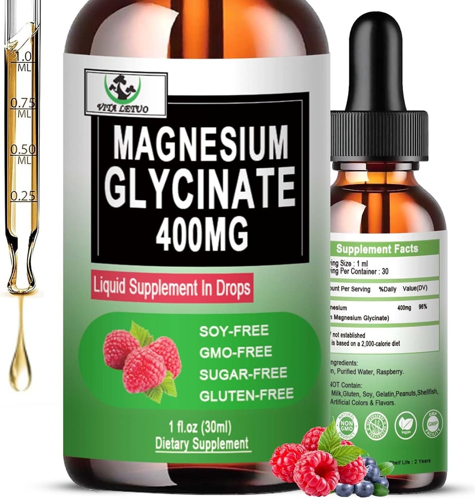 Magnesium Glycinate 400mg, Liquid Magnesium Glycinate Drops 6X High Absorption for Bone, Immune Support, Vegan, Non-GMO, Gluten-Free 30 Servings