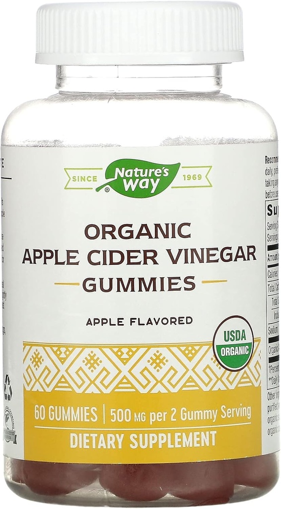 Manera de la naturaleza Manzana orgánica vinagre gummies, 500 mg Vinagre de sidra orgánica de manzana por servicio de 2 alimentos, sabor de manzana, 60 gummies (paquete mayo Vary)