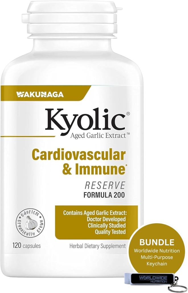 Agrupo de nutrición mundial compatible con el extracto de ajo envejecido Kyolic, Cardiovascular &amp; Immune - Reserva Fórmula 200, Extracto de ajo envejecido Kyolc Capsules 120 Conde y cadena de clave multifunción