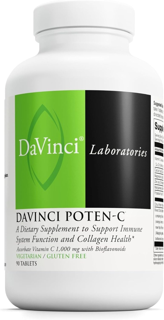 DAVINCI Laboratorios Poten-C - Función del sistema de apoyo inmunitario " Salud del colágeno* - Vitamina C, Calcio, Magnesio, Zinc, Potasio, Manganés " Bioflavonoides - Vegetariano - Sin gluten - 90 Tabletas
