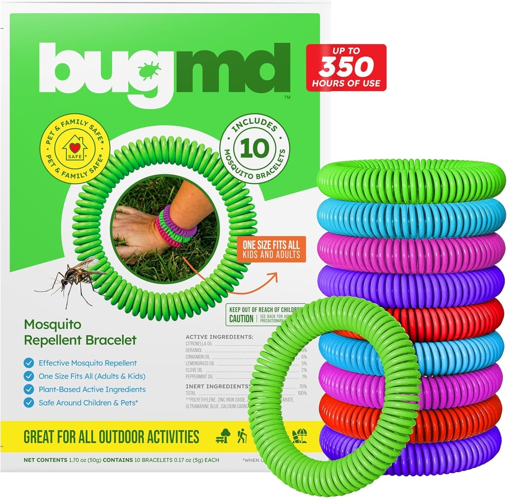 BugMD 10 Pack Pulseras Mosquito, Bandas Libres de DEET para Adultos &amp; Niños, Bandas Naturales &amp; Waterproof Citronella para Camping, Hiking, Playa, Viajes &amp; Esenciales al aire libre