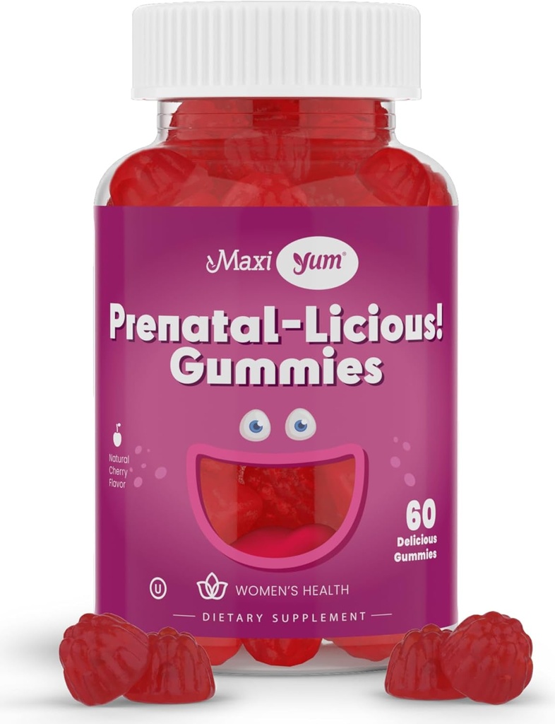 Maxi Health Women's Organic Prenatal Gummies - Kosher Cherry Flavored Pre Natal Gummy - Vitaminas prenatales para Mujeres con Ácido Fólico e Hierro para el Desarrollo Fetal, 60 Conde
