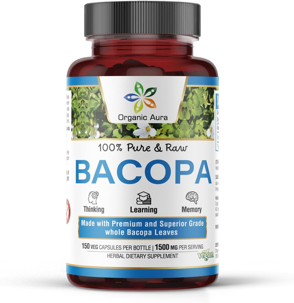 Organic Aura BACOPA Capsules.150 Veg HPMC Capsules 1500mg por Serving. Suplemento Herbal, Alerta Mental, Apoyos Calma, Memoria, Cognición.