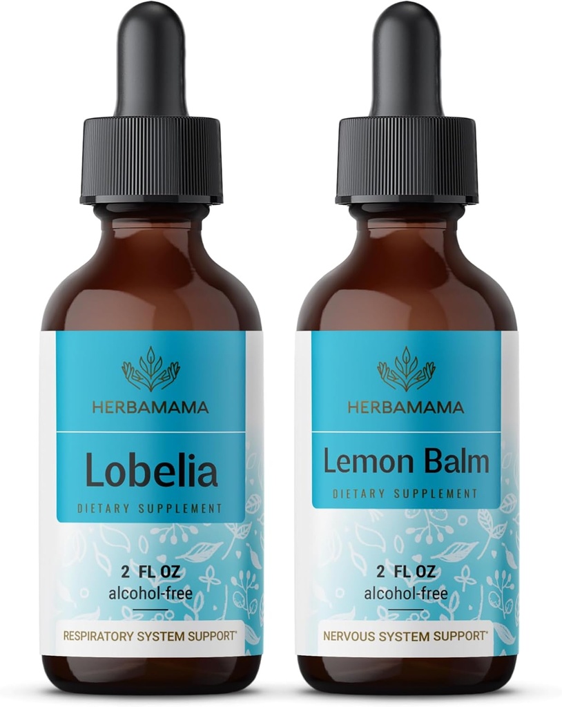 HerBAMAMA Herbal Liquid Drops Kit - Bundle of Lobelia Extract and Lemon Balm Tincture 2 fl oz - Vegan, Non-GMO, Sugar &amp; Alcohol-Free - 2 Pack
