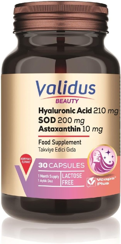 VALIDUS Ácido Hialurónico 210 mg + Astaxanthin 10 mg 30 cápsulas (Vcaps Plus)