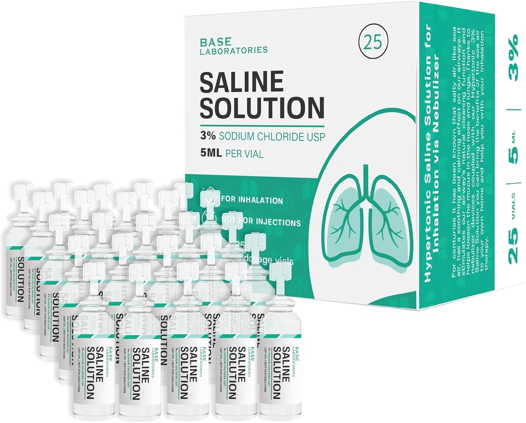 LABORATORIAS BASE 3% Solución de Saline para Máquina de Nebulizador TENIDO Solución de Saline para Inhalación " Irrigación de Nasal ANTE Alto 3% Concentración l 25 Vials 5ml Unidad Dose