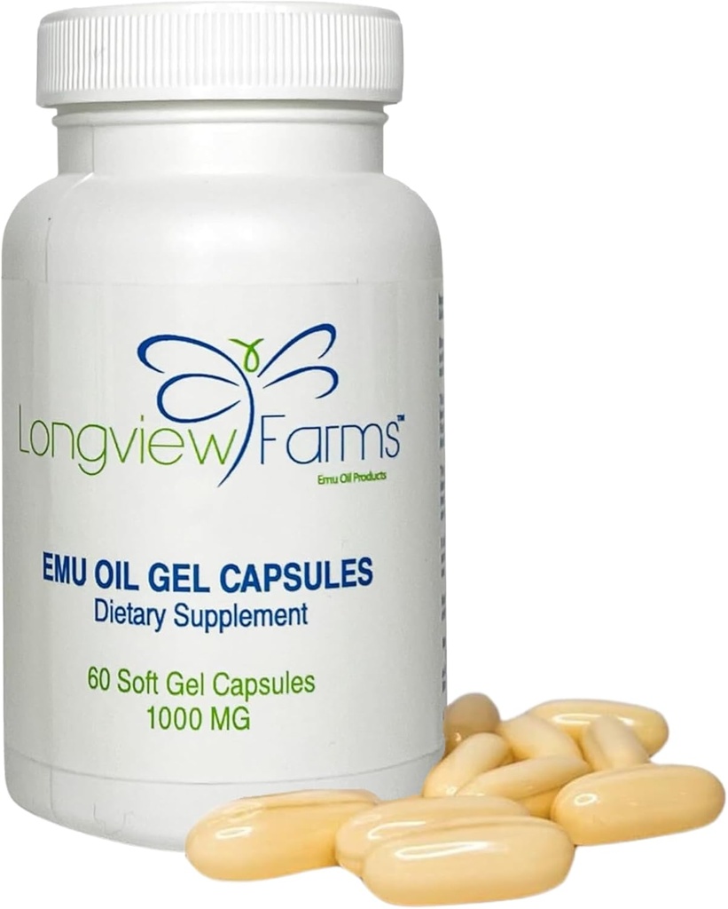 Longview Farms® Emu Oil Gel Capsules ← 100% Pura Emu Oil for Skin Health, Mobility, and General Wellness ← Natural Omega 3, 6, 9, y Vitaminas Esenciales