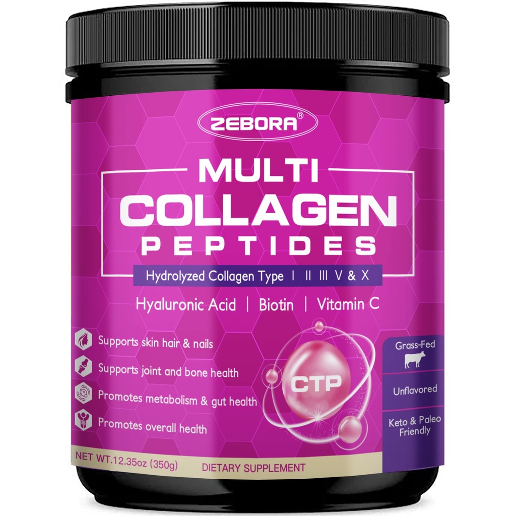 Péptidos multi colágeno ZEBORA Polvo - Colágeno hidrolizado Tipo I II III V X con ácido hialurónico, Biotina, Vitamina C - Soporte Juntas de uñas de pelo de piel, no GMO, Desflavorado, Keto Friendly