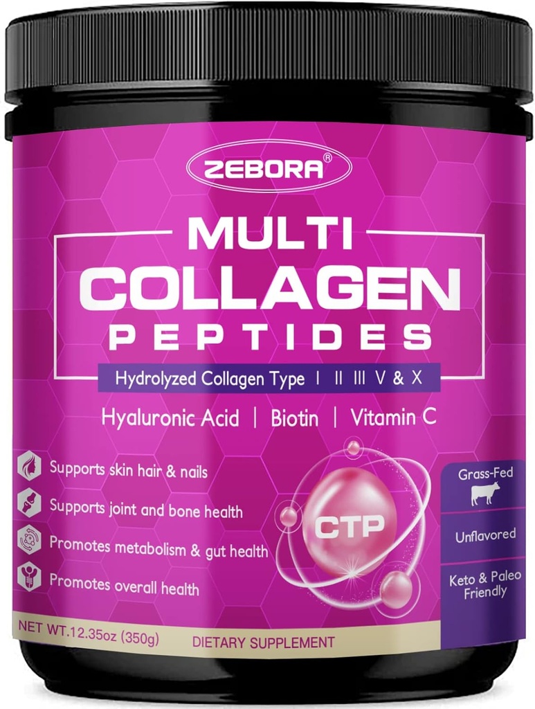 ZEBORA Multi Collagen Peptides Powder - Hydrolyzed Collagen Type I II III V X with Hyaluronic Acid, Biotin, Vitamin C - Support Skin Hair Nail Joints, Non-GMO, Unflavored, Keto Friendly