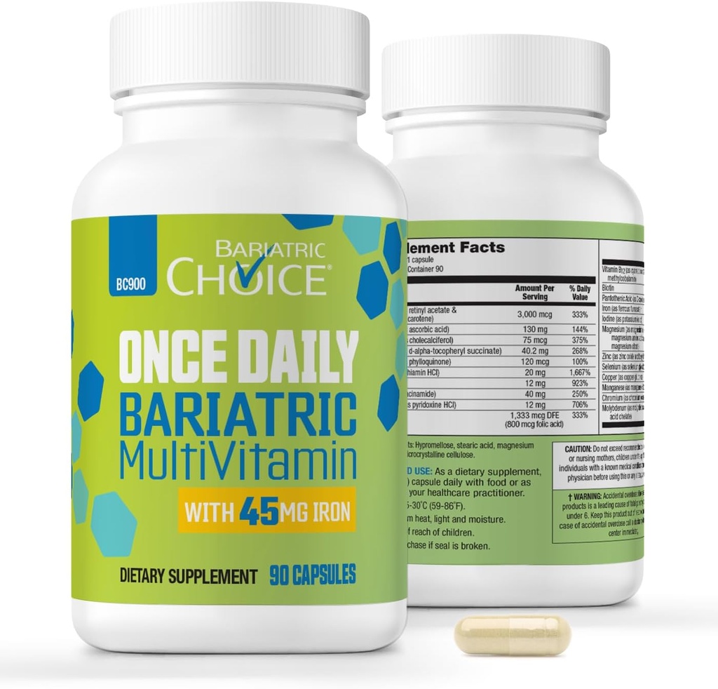 Bariatric Choice Once-Daily Bariatric Multivitamínico con 45 mg de Iron tóxico Fácil de Tragar Cápsula tóxica Vitamina para Cirugía Bariatrica Pacientes TEN 90 Conteo (3-Mes de Suministro)