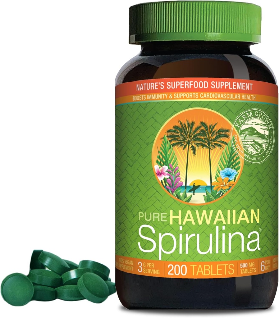 Nutrex Hawaii, Pure Hawaiian Spirulina 500 mg, Vegan, apoya el sistema inmunológico, corazón, células y energía, 200 tabletas