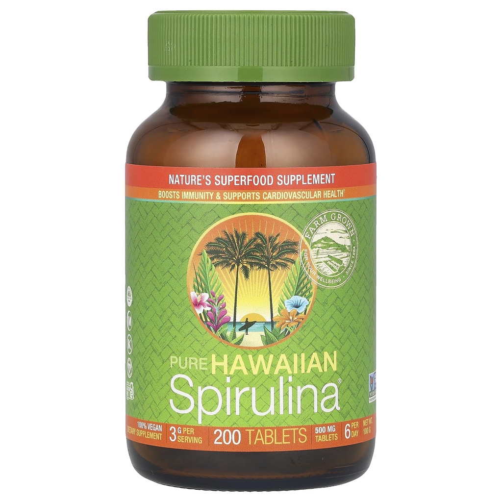Nutrex Hawaii, Pure Hawaiian Spirulina 500 mg, Vegan, apoya el sistema inmunológico, corazón, células y energía, 200 tabletas